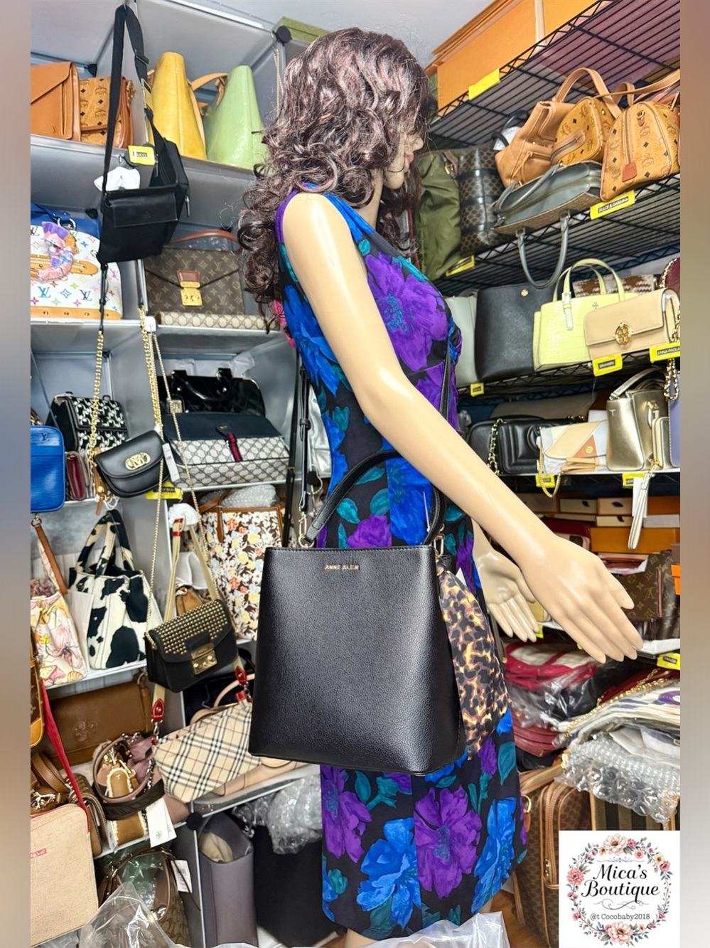🆕ANNE KLEIN Black Pebbled Leather Shoulder Bag with Scarf Accent - Picture 4 of 16